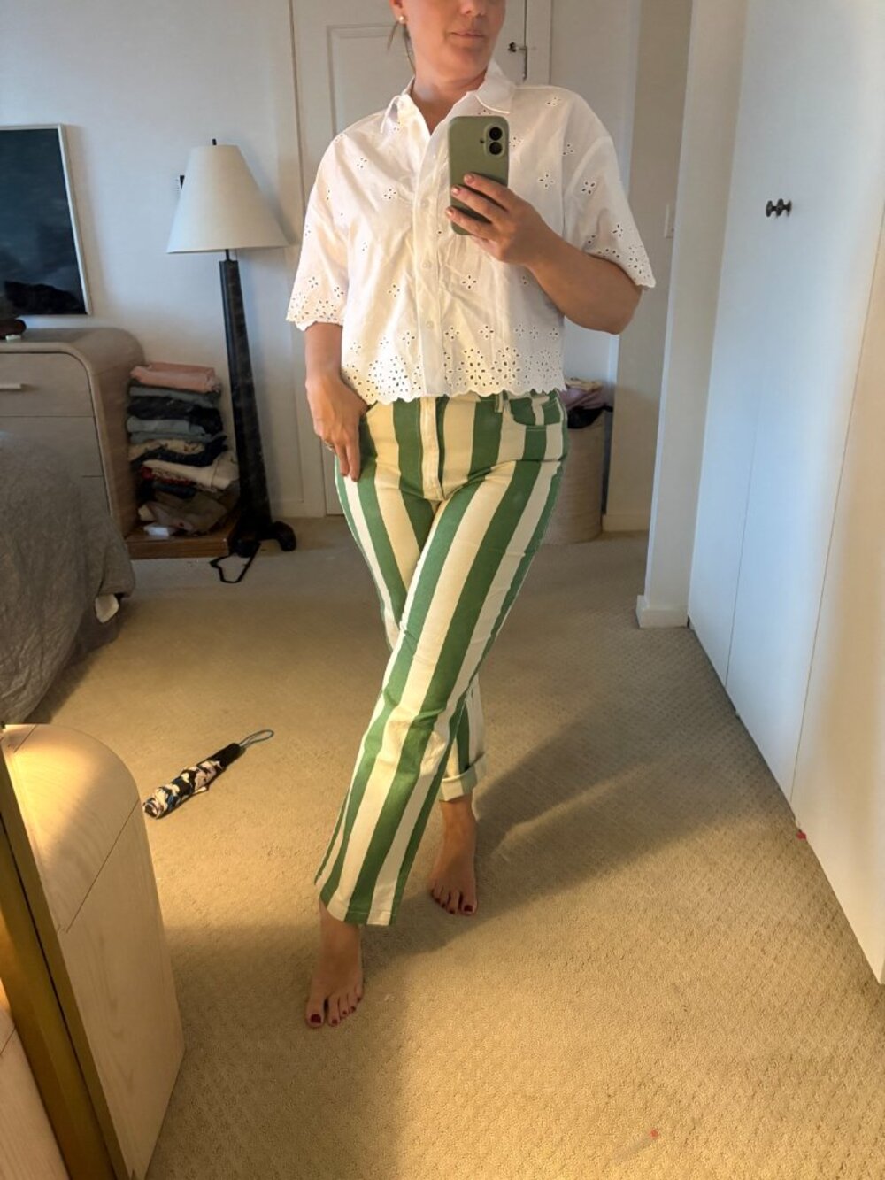 Monoprix Green and White Striped Wide Leg Pants, Size 40 (US 8), NWT